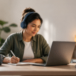 A student at a laptop, learning online