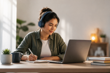 A student at a laptop, learning online