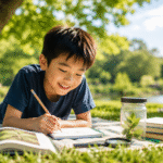 Student outside during summer, working on a science project