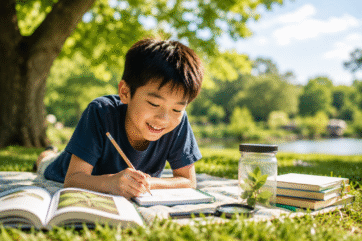 Student outside during summer, working on a science project