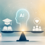 An abstract graphic showing the balance of AI and Education as a 'balanced scale'