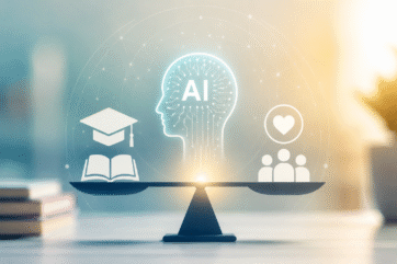 An abstract graphic showing the balance of AI and Education as a 'balanced scale'