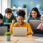 Five students learning together online