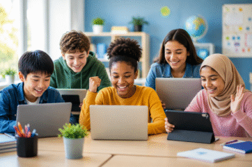 Five students learning together online