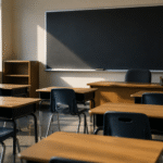 Empty classroom, no students nor teacher