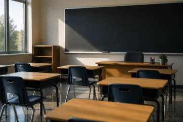 Empty classroom, no students nor teacher